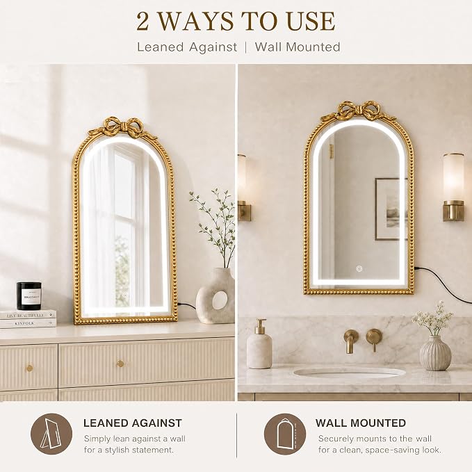 Vanity Mirror with Lights,LED Bathroom Mirror 31x20 Gold Bow Mirror | Mirror with Lights, LED Mirror, Bathroom Mirror with Lights, Lighted Mirror, Gold Bathroom Mirror,Vanity Mirror for Bathroom