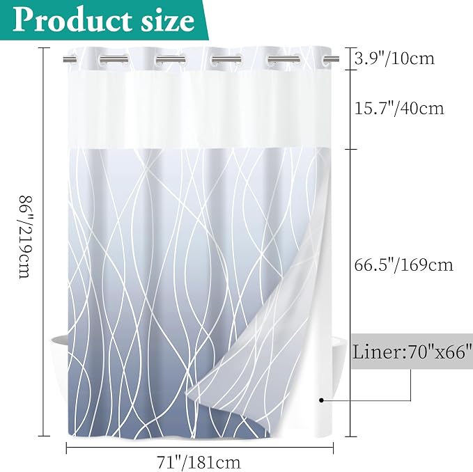 No Hook Shower Curtain with Liner, Ombre Blue, 71 x 86 Inch | Stripe Pattern,Waterproof,Quick Dry,Mesh Top Window,Bottom Magnets,Hotel Style,Machine Washable,Modern,for Bathroom