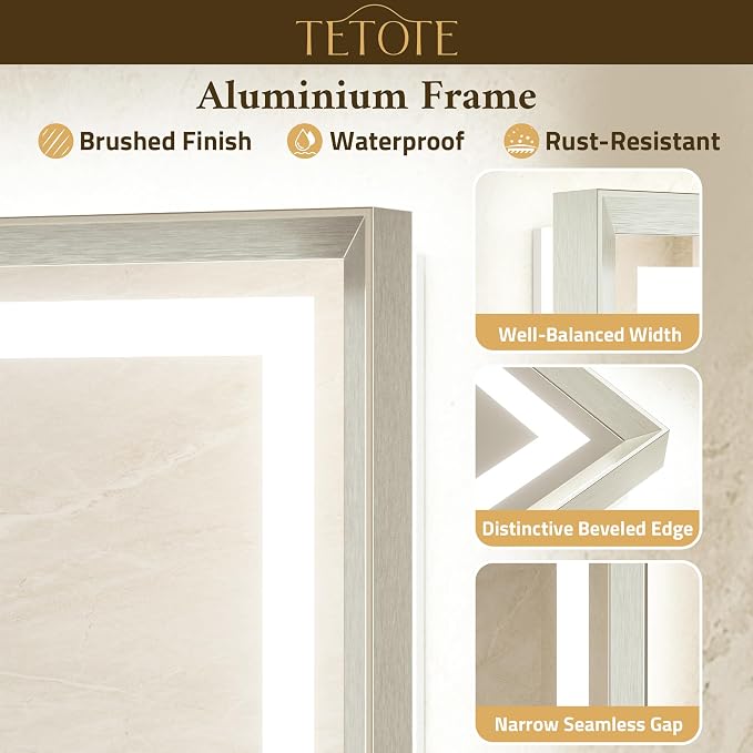 55 x 36 Bathroom LED Mirror Brushed Nickel Metal Frame Frontlit & Backlit Vanity Mirror Stepless Dimmable Anti-Fog 3 Colors White/Warm/Natural Light up Vanity Mirror Wall-Mounted