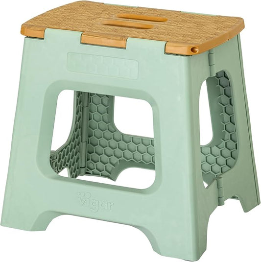 Vigar Compact Folding Step Stool, 12-1/2 in, Green Bamboo Print | 12-1/2 in Foldable Stool, Lightweight Portable Design, Handle, Non Slip Surface, Space-Saving, Supports up to 330 lb