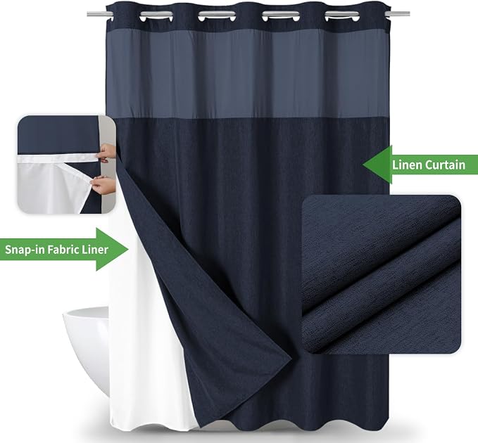 eachope No Hook Fabric Shower Curtain with Snap-in Liner,71x74 Navy Blue | Linen Texture,230GSM Thick Fabric,Hotel Luxury Decor,Mesh Window,Bottom magnetic ,Waterproof & Machine Washable,for Bathroom