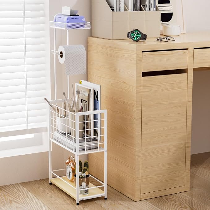 SWTYMIKI Freestanding Toilet Paper Holder - 4-Tier Free Standing Toilet Paper Holder Stand with Shelf, Bathroom Storage Rack for Extra Rolls, Magazines, Wet Wipes, Bathroom Essentials, White