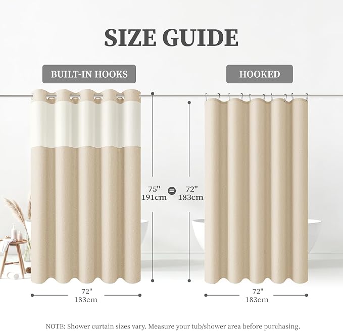 Cream Ringless Linen Textured Shower Curtain with Snap in Liner, 72x75 | 3 in 1 Hotel Shower Curtain Set, Removable Liner, Waterproof & Washable, Mesh Top Window, Durable Fabric, Easy to Install