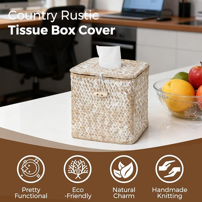 Seagrass Tissue Box Cover Square, Woven Wicker Tissue Box Holder, Whitewash | 2 Pack, With Lid, Natural Seagrass, Handwoven, Boho Decor, Decorative Facial Cube Tissue Cover Holder for Bathroom Office