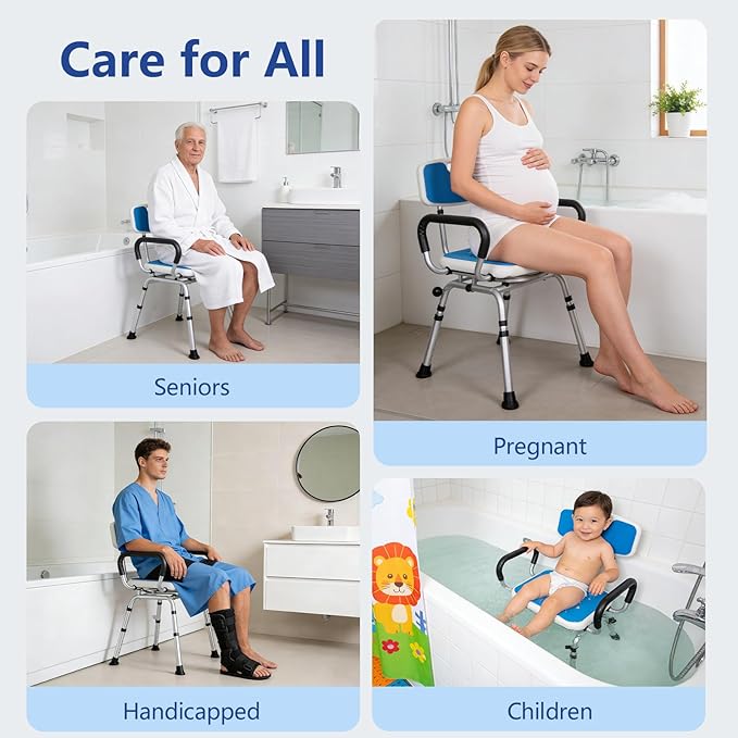 Swivel Shower Chair 500lbs Heavy Duty Adjustable Arms & Back 360° Rotating | Slip-resistant rubber feet Easy-clean Tool-free Install Ergonomic wide seat Built-in drainage holes 5 height settings