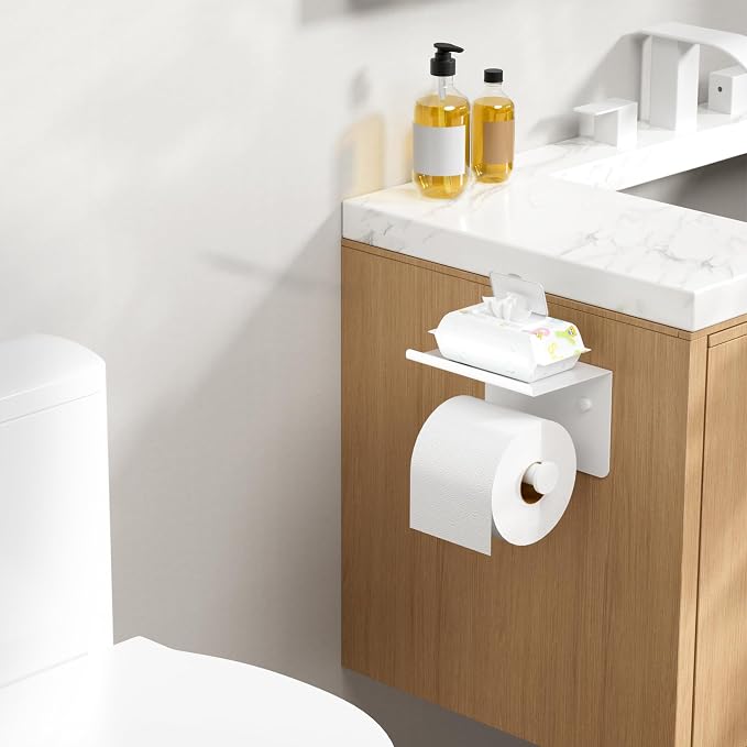 FORIOUS Toilet Paper Holder with Shelf, Adhesive or Screw, White | Wall Mount Toilet Paper Roll Holder for Bathroom, Stainless Steel Commercial Toilet Tissue Roll Dispenser with Phone Shelf