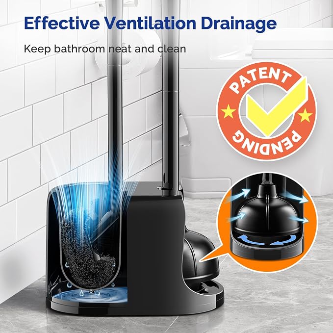 HAMITOR Toilet Plunger Bowl Brush Combo：Heavy Duty Rubber for Drain Clog | Curved Design Bristles for Deep Cleaning Under Rim - Compact Bathroom Cleaning Tools for New Homet Essentials, Black