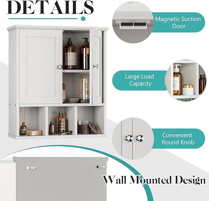 Bathroom Wall Cabinet, Bathroom Cabinet Wall Mount with 2 Doors and 3 Open Shelves, Over the Toilet Wood Medicine Cabinets, White