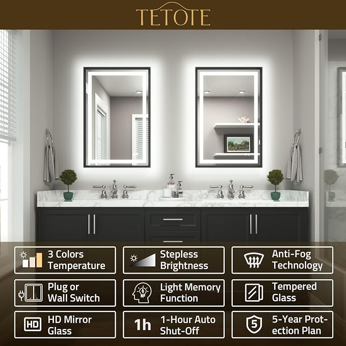 60 x 30 Large Bathroom Mirror Brushed Black Metal Frame Frontlit & Backlit Vanity Mirror 3 Colors White/Warm/Natural Stepless Dimmable Anti-Fog Bathroom Mirrors for Vanity Wall-Mounted
