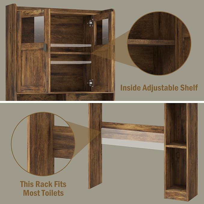 Vabches Over The Toilet Storage Cabinet with Doors and Shelves, Brown | Freestanding Home Space Save Toilet Rack, with Adjustable Shelves for Restroom, Bathroom, Laundry