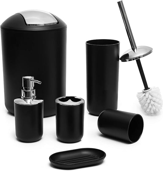 Moss & Stone 6-Piece Black Bathroom Accessories Set, Soap Dispenser | Modern Plastic Bathroom Set with Toothbrush Holder, Soap Dish, Cup & Trash Can for Countertop Organization and Bathroom Decor