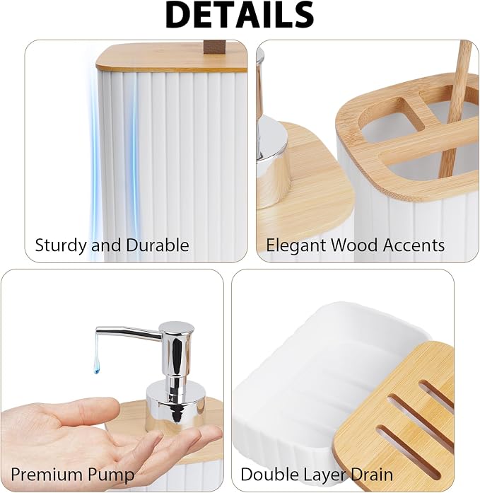Bathroom Accessory Set, 10 Piece White Bathroom Set Complete | Includes Trash Can, Soap Dispenser, Toothbrush Holder, Soap Holder, Tumbler, Toilet Brush, Tray, Qtip Holders, Tissue Cover