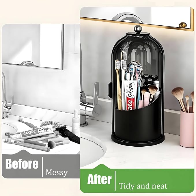 JEESA Dustproof Toothbrush Holder with Cover, All Black | 360° Rotating, 180° Sliding Lid, 3 Slots, Toothbrush Organizer, for Bathroom Countertop