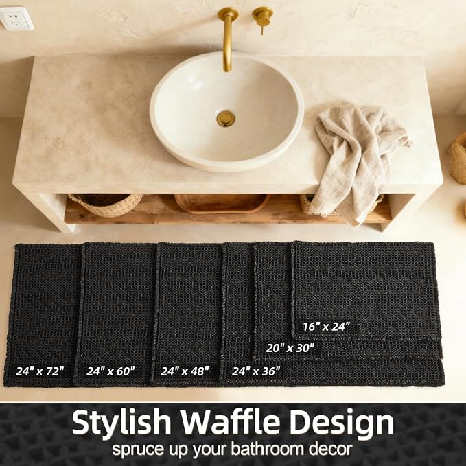 Sunfly Black Bathroom Rug, Waffle Bath Mat Non-Slip Washable Super Absorbent Quick Dry, Boho Farmhouse Bathroom Decor 20"x30" Black