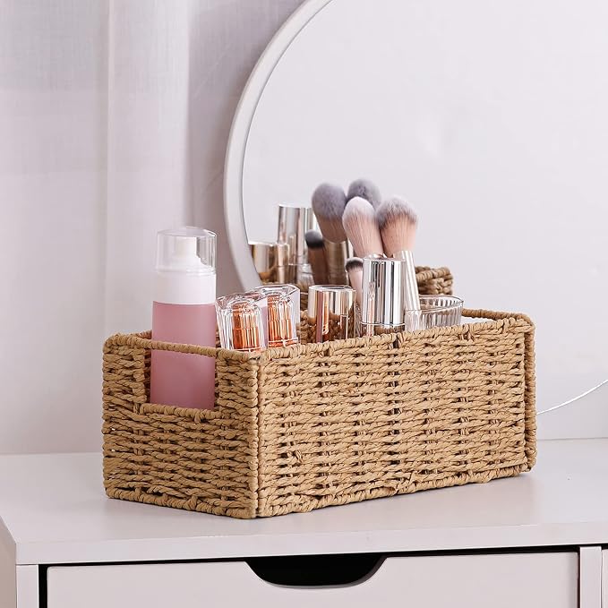 Wicker Storage Basket, Set of 2 Hand-Woven Paper Rope Wicker Basket, Small Storage Baskets for Organizing Toilet Paper, Foldable Large Cube Storage Organizer Bins for Shelves (Natural)