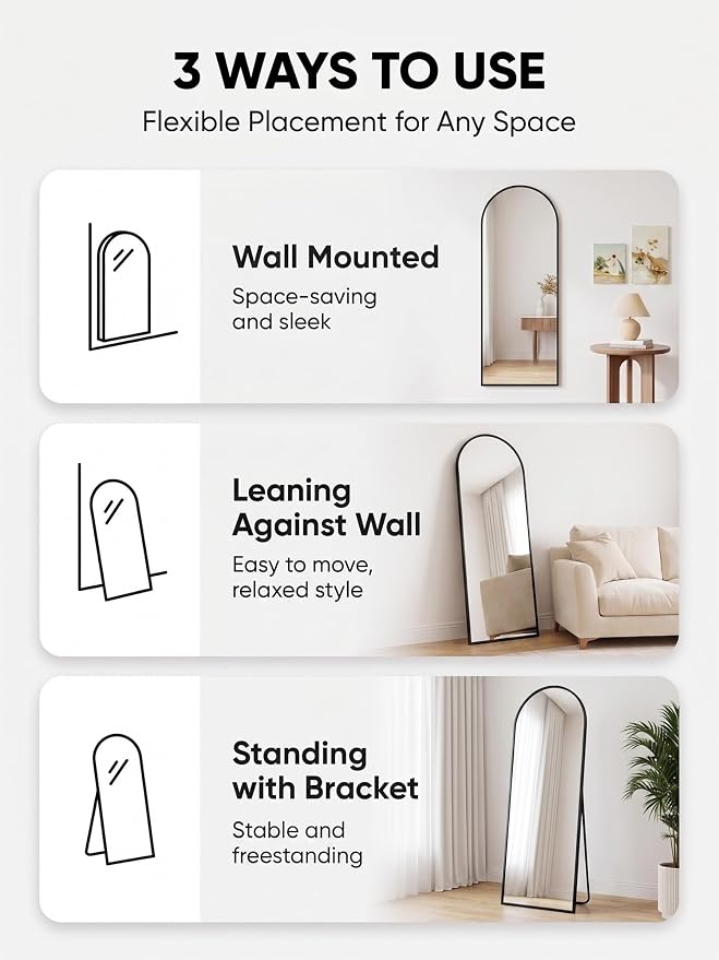 Full Length Mirror, 59" x 18" Arched Full Body Mirror Large Standing Floor Mirrors, Mirrors for Bedroom, Bathroom, Living Room Standing or Wall Leaning, Black