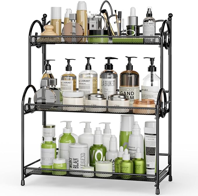 EKNITEY Bathroom Counter Organizer - 3 Tier Spice Rack(No Assembly) | Skincare Countertop Organizers, for Bathroom Kitchen Bedroom, Sturdy Metal Frame, Easy to Clean, Foldable, Black