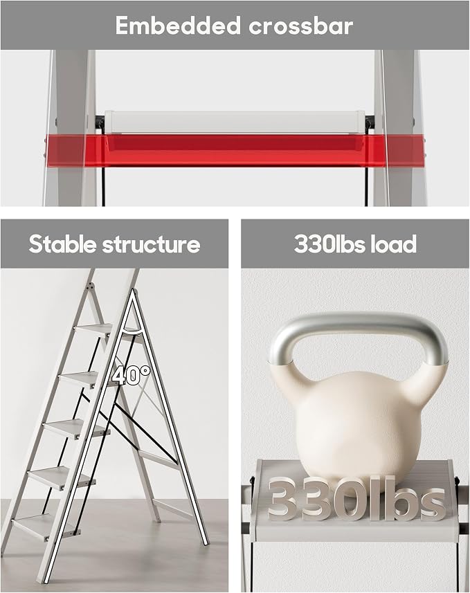 HillhutApex Aluminum 5 Step Ladder, Step Stool Foldable Ladder(Pale Grey) | Stepladder with Handgrip,Anti-Slip Pedals,330lbs Capacity,Lightweight Portable Folding Ladder for Home,Office,Libaray