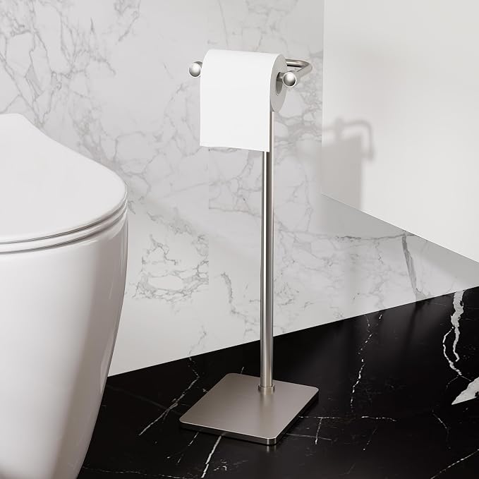 RUACQ Bathroom Toilet Paper Holder Stand, Brushed Nickel | Dual-Post Pivoting Free Standing Toilet Roll Holder with Weighted Base, Anti-drop Design 304 Stainless Steel Tissue Stand