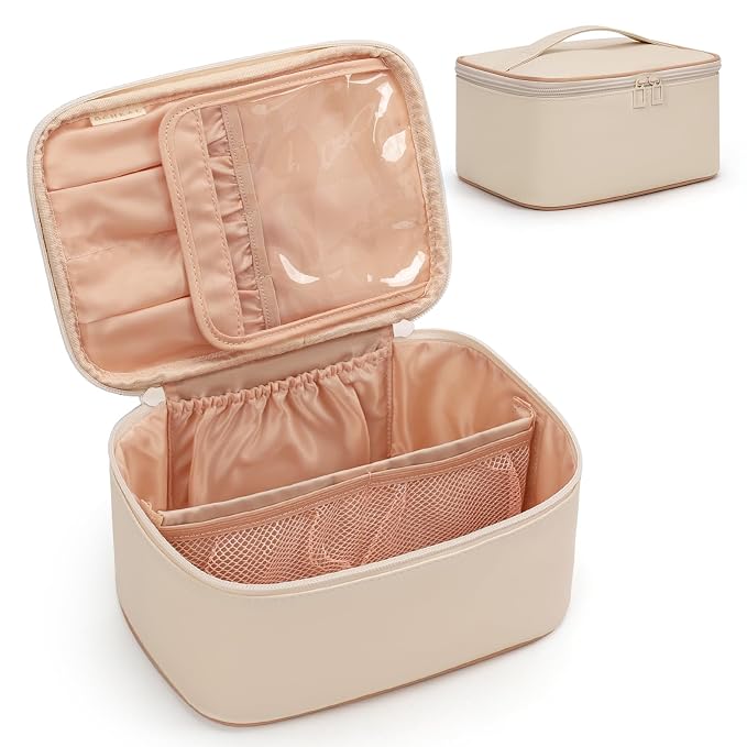 Beige Makeup Bag,Travel Makeup Organizer Bag, Large Capacity Cosmetic Bags For Women Large Travel Toiletry Bag Girls Traveling With Brush Slot And Divider-White