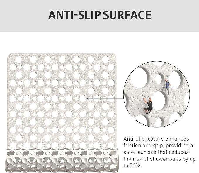Shower Mat Non Slip Bath Mat for Tub - 28" x 15" Soft TPE Bathtub Mat Non Slip Shower Mats for Inside Shower, Anti Slip Shower Mat with Suction Cups, Quick-Drying Bath Tub Mat, White