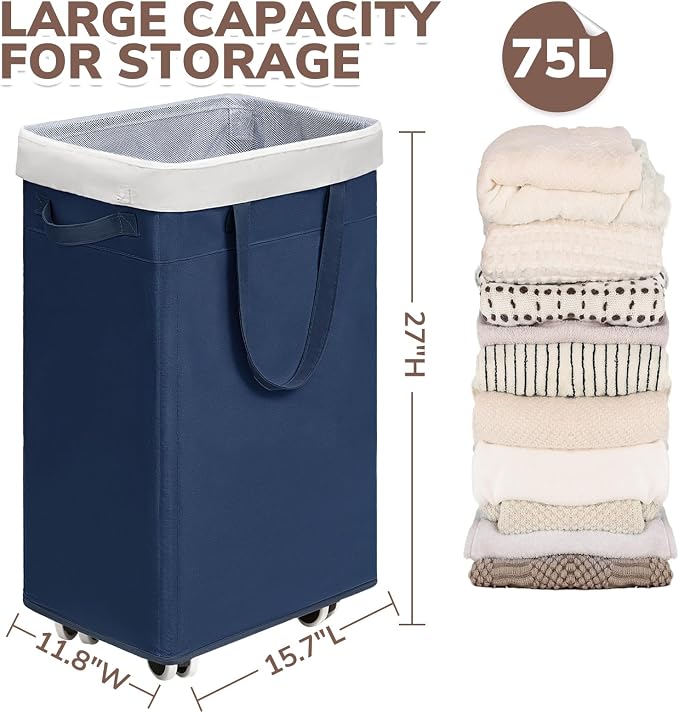 CHICVITA 75L Laundry Basket with Wheels for Dirty Clothes, Blue | College dorm essentials, smooth rolling wheels. Clothes hamper for living room, bedroom, laundry room