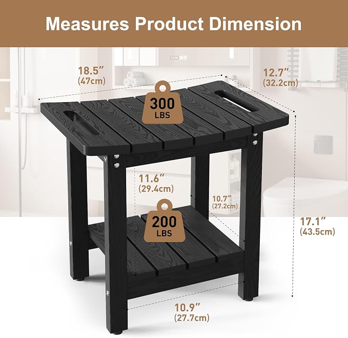 HIPS Shower Benches for Inside Shower, Shower Stool with Space-Efficient Storage Shelf, Waterproof Shower Chair Seat for Spa Bathroom(Black)