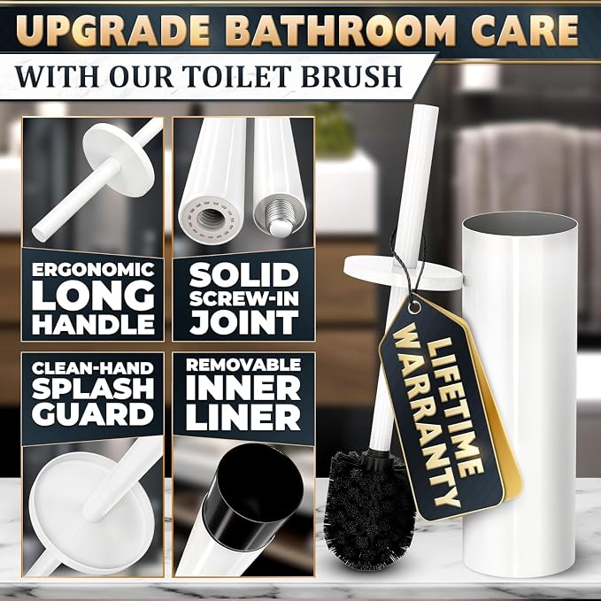 Toilet Brush and Holder Set, Stainless Steel Material (White) | Toilet Brush with Holder Set for Bathroom, Splash Protection & Dense Bristles for Bathroom Cleaning, Removable Inner Bowl