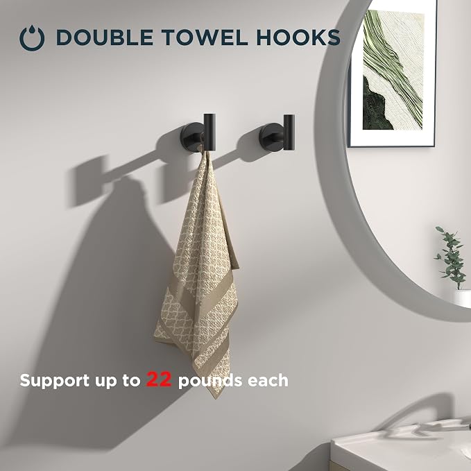 FORIOUS Bathroom Accessories Set, 4-Piece Bathroom Hardware Set | Matte Black | SUS304 Stainless Steel Towel Ring, 2 Towel Hooks, and Toilet Paper Holder Wall Mounted