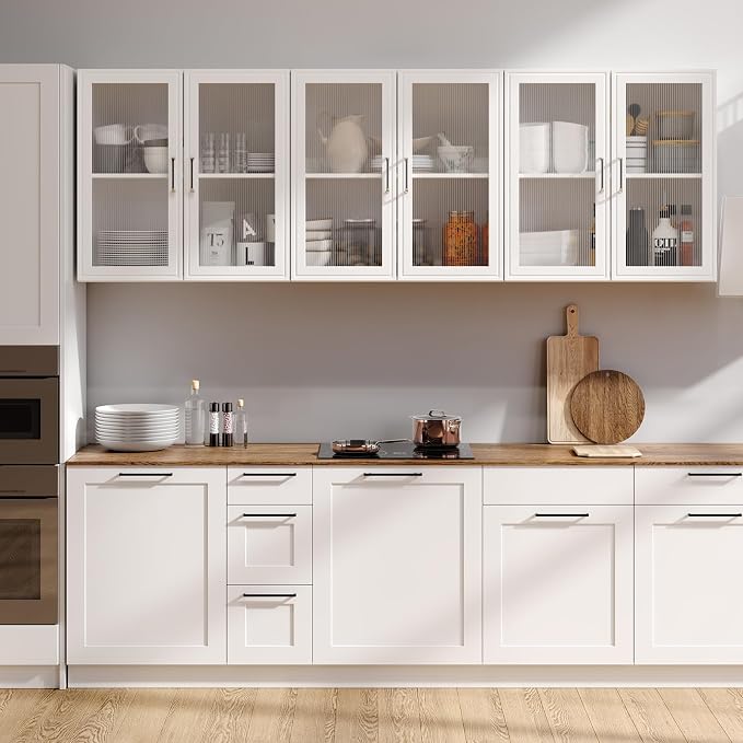Furnaza Set of 3 White Kitchen Wall Storage Cabinet with Acrylic Glass Door | Upper Wall Cabinets with Adjustable Shelf for Bathroom,Garage,Laundry Room,72"W x 12"D x 24"H