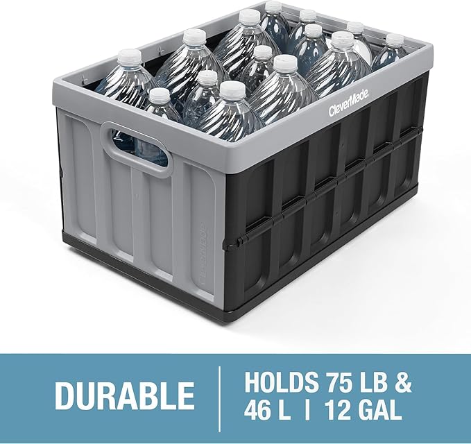 CleverMade Collapsible Storage Bins with Lids, 46L, 3 Pack, Obsidian | Keep Stored Items Covered and Stackable | Each Bin Holds 75 lb, the Lid Stores Underneath, and the Crate Folds to 2.5 Inches