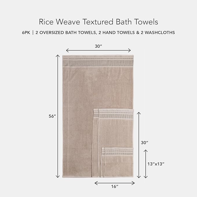 Texere 100% Organic Cotton Rice Weave Jacquard 700 GSM Luxury Bath Towel Sets - 2 Large Bath Towels, 2 Hand Towels, 2 Washcloths (Rice Weave, Oxford Tan, 6 Piece)