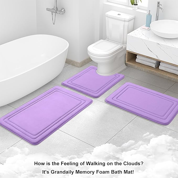 Grandaily Memory Foam Bath Mat Rug 24x16, Ultra Soft, Non-Slip and Absorbent Bathroom Rugs, Machine Wash Dry, Comfortable Bath Carpet for Bathroom Floor, Tub and Shower, Lavender