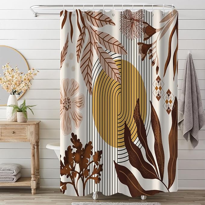 Boho Brown Shower Curtain for Bathroom 72x72 Inch | Waterproof Abstract Tan Floral and Leaves Shower Curtain Set with Hooks, Mid Century Bathroom Decor