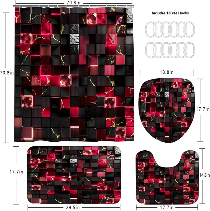LQCOOL 4Pcs Black and Red Shower Curtain Set 3D Cubes Bathroom Sets Modern Shower Curtain Set for Bathroom Sets with Rugs and 12 Hooks | Waterproof Polyester & Soft Flannel. 12 Hooks, Toilet Lid Cover & U-Shaped Mat with Black Red Gold for Modern Decor.