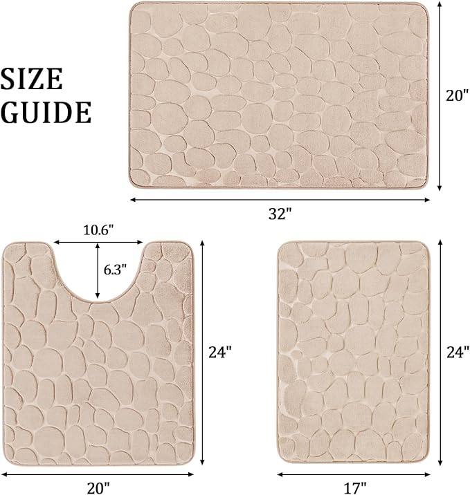 Bathroom Rugs Mat Set, Memory Foam Bath Mat 3 Piece Khaki | U Shape+Small Mat, Non Slip, Water Absorbent, Washable, Bath Mat For Bathroom, Sink and Toilet
