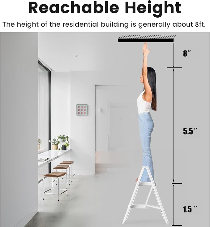2 Step Ladder, Folding Step Stool, Lightweight Stepladder, White | Anti-Slip 7.9'' Wide Pedal;Space-Saving;For Kitchen, Home, Library, Office Use;300lbs Capacity