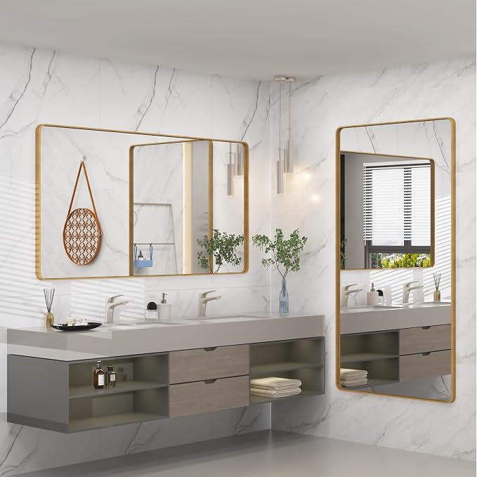 66x40 Inch Gold Framed Mirror for Bathroom | Brushed Gold Brass Frame, Rectangle Gold Vanity Mirror for Wall, Shatterproof, Anti-Rust, Hangs Horizontally or Vertically