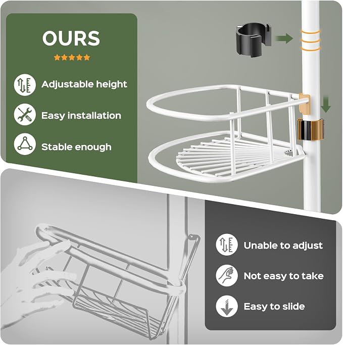HAMITOR Rustproof Bathtub Corner Shelf, 4-Tier Shower Caddy Tension Pole | Adjustable Bathroom Organizer For Shampoo, Accessories, Storage, No-Drill Quick Install, Space-Saving 47.7-123.6 Inch, White
