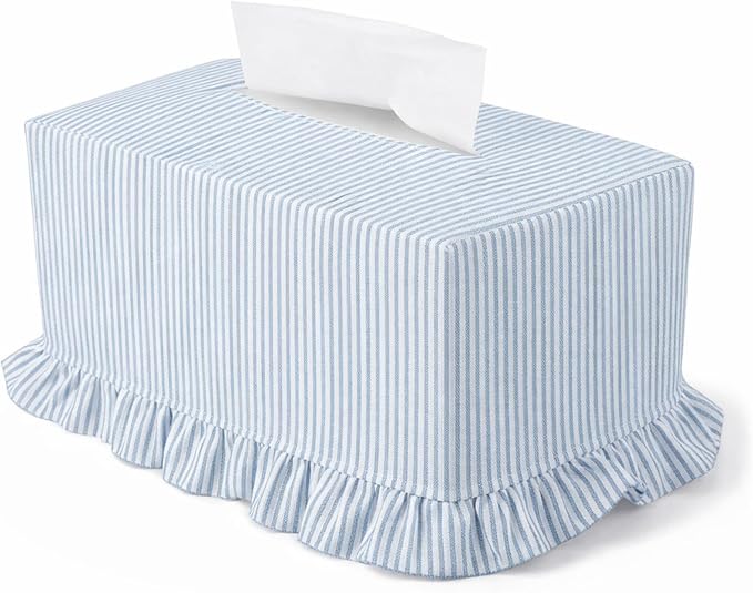 Sawysine Fabric Coastal Tissue Box Cover Rectangular Light Blue White Linen Tissue Box Cover Decorative Beach Napkin Holder for Home Bedroom Living Room Bathroom Office Kitchen, 9.8 x 5.4 x 4.2 Inch
