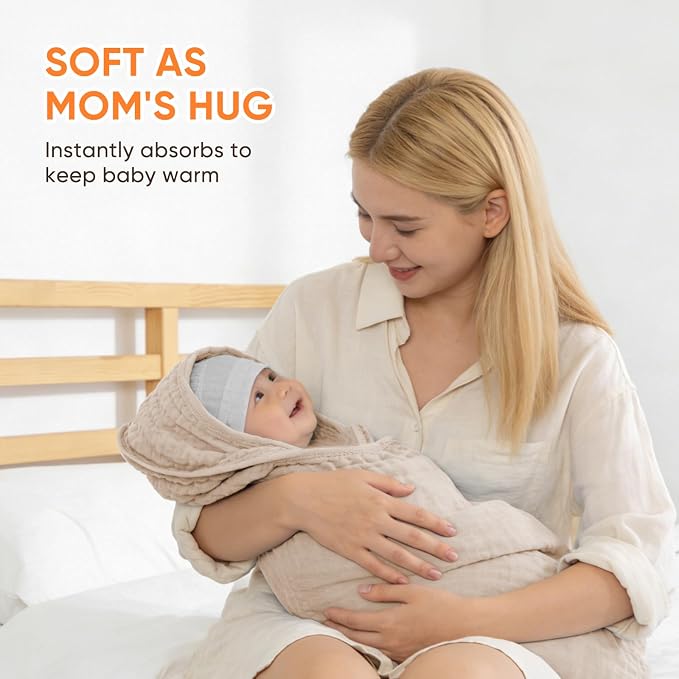 MIGIOL Muslin Hooded Baby Towels 100% Cotton ，Super Soft Muslin Baby Bath Towel - 32 x 32 Inches, Suitable for Newborn and Young Children up to 3 Years Old. (Beige & Coffee)