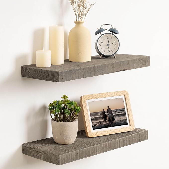 Floating Shelves for Wall,18 Inch Reclaimed Barnwood Planks Set of 2,8 Inch Deep Rustic Solid Wood Wall Shelves for Storage,Wood Wall Mount Shelf with Invisible Heavy-Duty Metal Bracket,Grey
