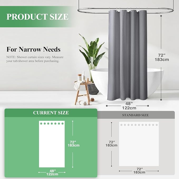Stall Waffle Shower Curtain 256 GSM Heavy Fabric 48x72 Grey/Gray | 48 Inch Wide, Thick Polyester Cloth, Weighted Hem, Water Repellent, Washable Hotel Shower Curtain Set for Bathroom 8 Hooks