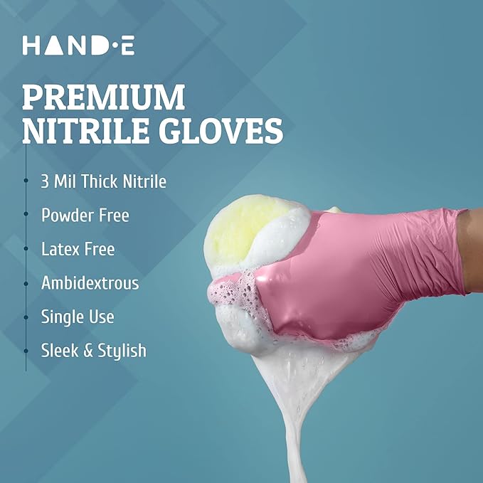 Hand-E Touch Pink Nitrile Disposable Gloves - Esthetician, Nail Tech, Hair Dye & Stylist, Cleaning Gloves