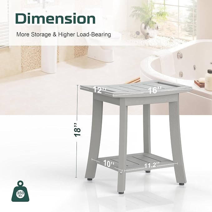 Waterproof HIPS Shower Bench for Inside Shower, Shower Stool, Grey | Ergonomic design, For seating and leg shaving, Wood-Look texture, Easy care, Storage shelf, Non-slip leveling feet, 350 lb