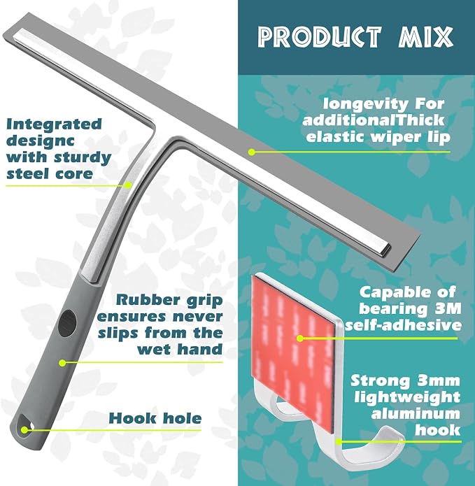 14 Inch Silicone Shower Squeegee for Glass Doors with Hook - Streak-Free Window Cleaner for Bathroom, Mirror, Tile & Car, No Scratch Squeegee with Metal Core (Gray