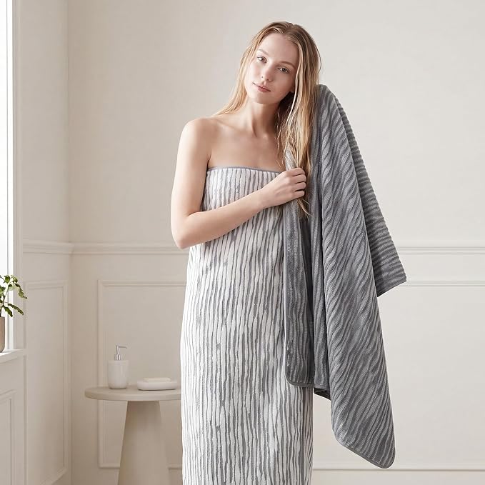 REDKISS 2 Pack Gray Bath Towels Set, 100% Cotton Double-Sided Design | Ultra Soft, Super Absorbent, Quick Dry Bathroom Towels for Bathroom, Gym, Spa, Pool, Hotel & Family Use, 29 x 59 Inches