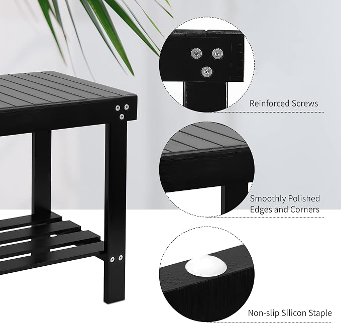 VaeFae Bamboo Spa Bench Seat Stool Foot Rest Shaving Stool with Non-Slip Feets Storage Shelf for Shampoo Towel,Works in Bathroom/Living Room/Bedroom/Garden Leisure (Black)
