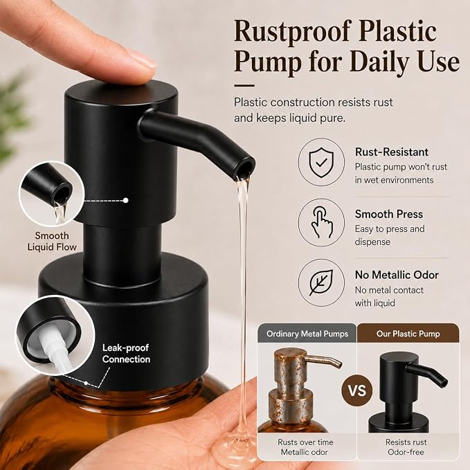 2 Pack Arch Glass Kitchen Soap Dispenser with Acacia Wood Tray, 11oz Amber Rainbow Decorative Hand Soap Dispenser with Rustproof Pump, Refillable Liquid Dispenser for Kitchen, Bathroom, Countertop