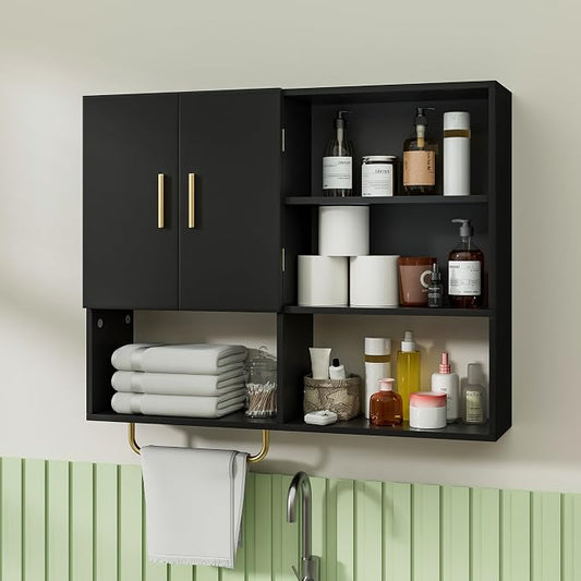 Bathroom Wall Cabinet Wood Large Wall Mounted Medicine Cabinet with 2 Doors and 4 Open Shelves Over Toilet Storage Cabinet Organizer with Towel Bar, Black